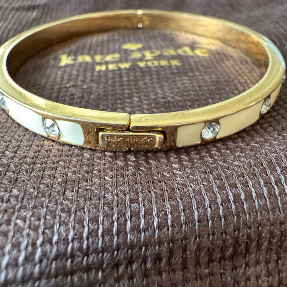 Kate Spade Rhinestone Cream and Gold Hinged Bangle Bracelet